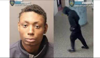 two photos man dressed in dark clothing wanted for Bronx assault of off-duty cop